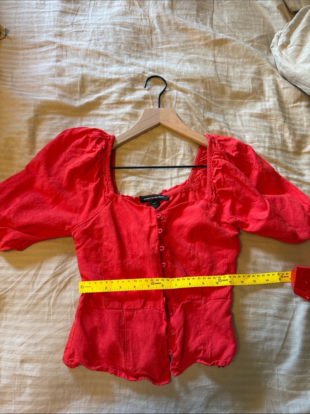 Something Navy Red Puff-Sleeve Button Front Blouse